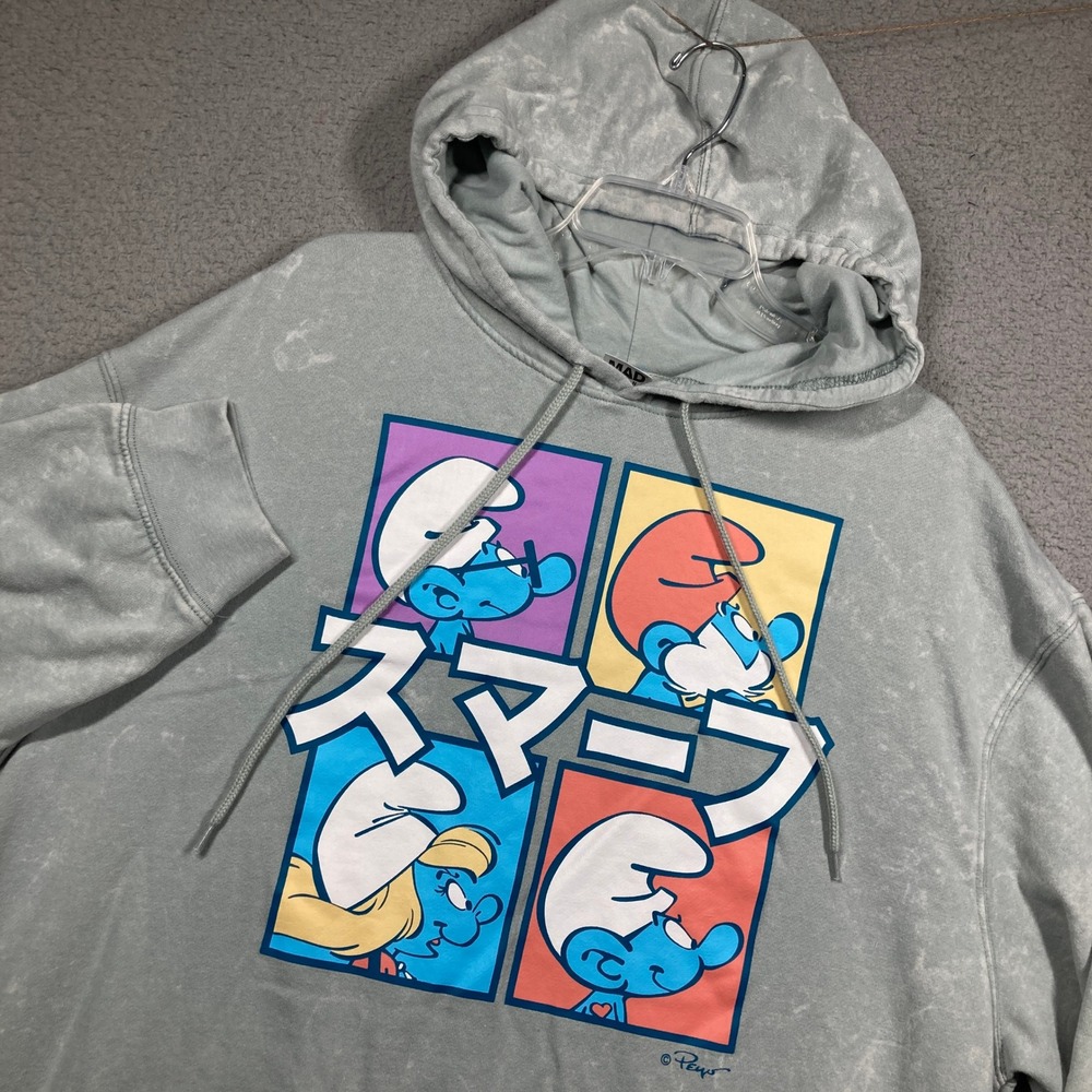 Mad Engine The Smurfs Hoodie‎ Adult 2XL Grey Japanese Graphic Acid Wash Pullover